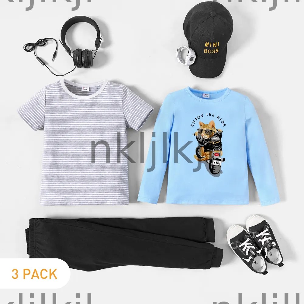 3-Pack Kids Boy Graphic Cat Print & Striped Tee Pants Set