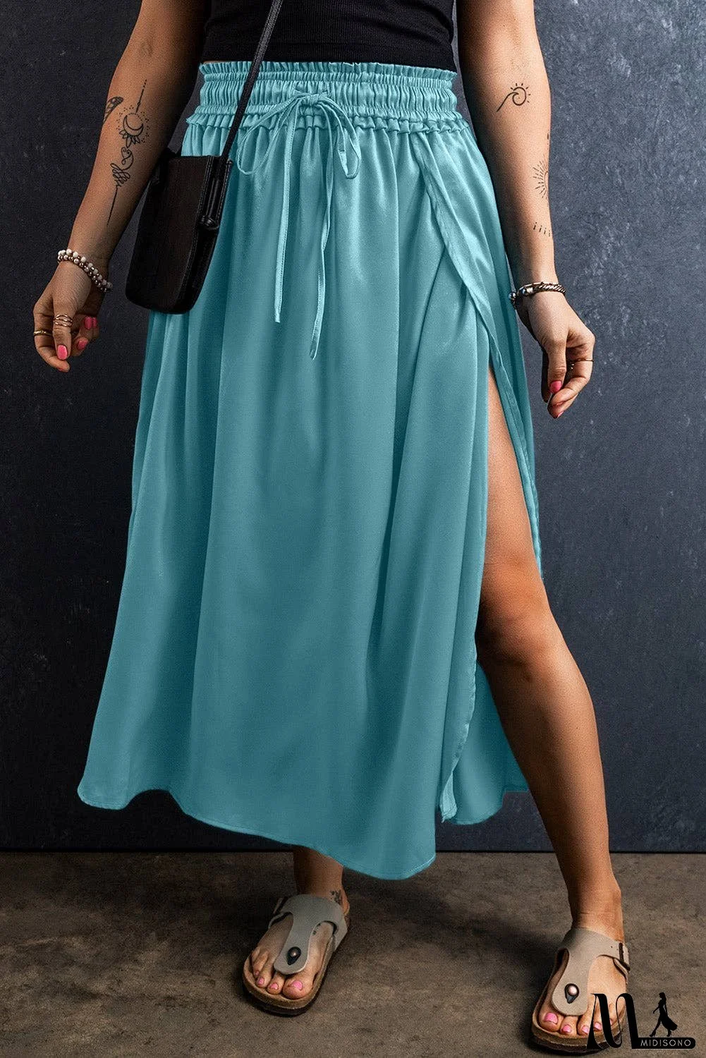 Slit Drawstring Elastic Waist Skirt