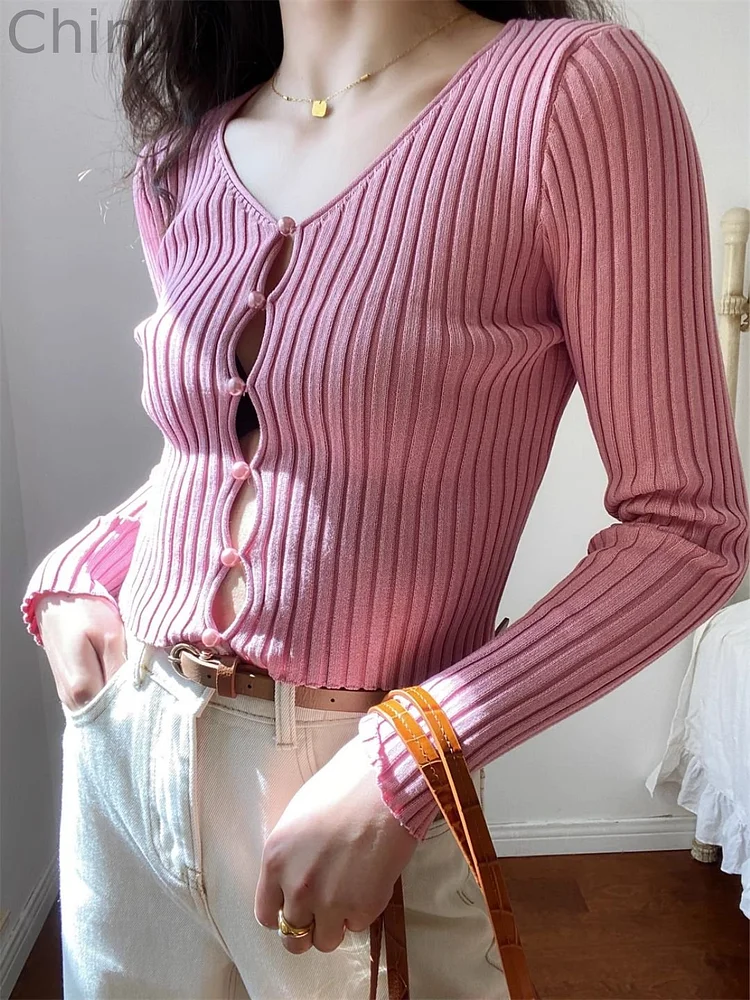 V-neck Knitted Long-Sleeved Cardigan