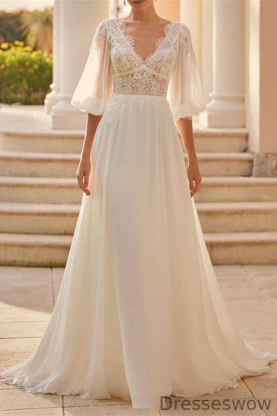 Dresseswow Half Bubble Sleeves V-Neck Chiffon Wedding Dress With Lace Online