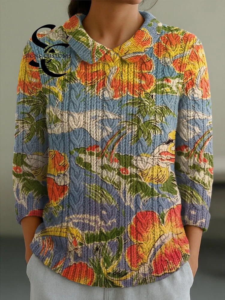 Women's Bird And Flowers Pattern Casual Peter Pan Collar 3/4 Sleeve Sweater