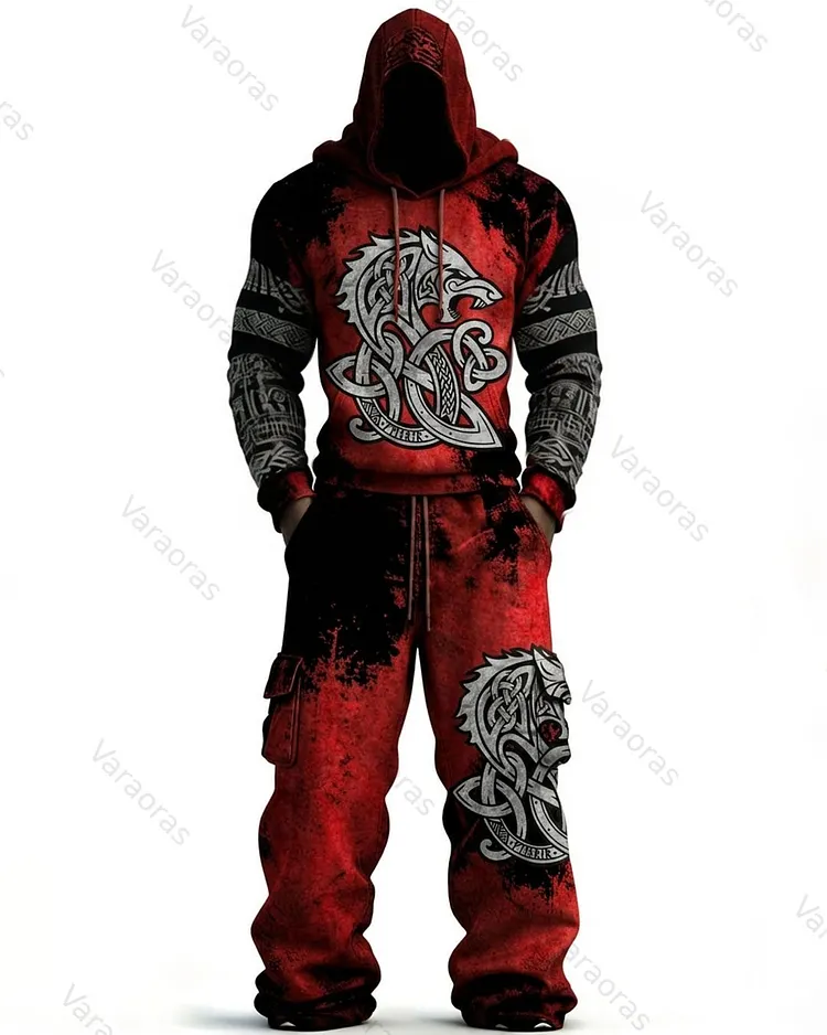 Men's Fashion Viking Contrast Color Embroidered Hoodie & Pants Two-Piece Set 6477