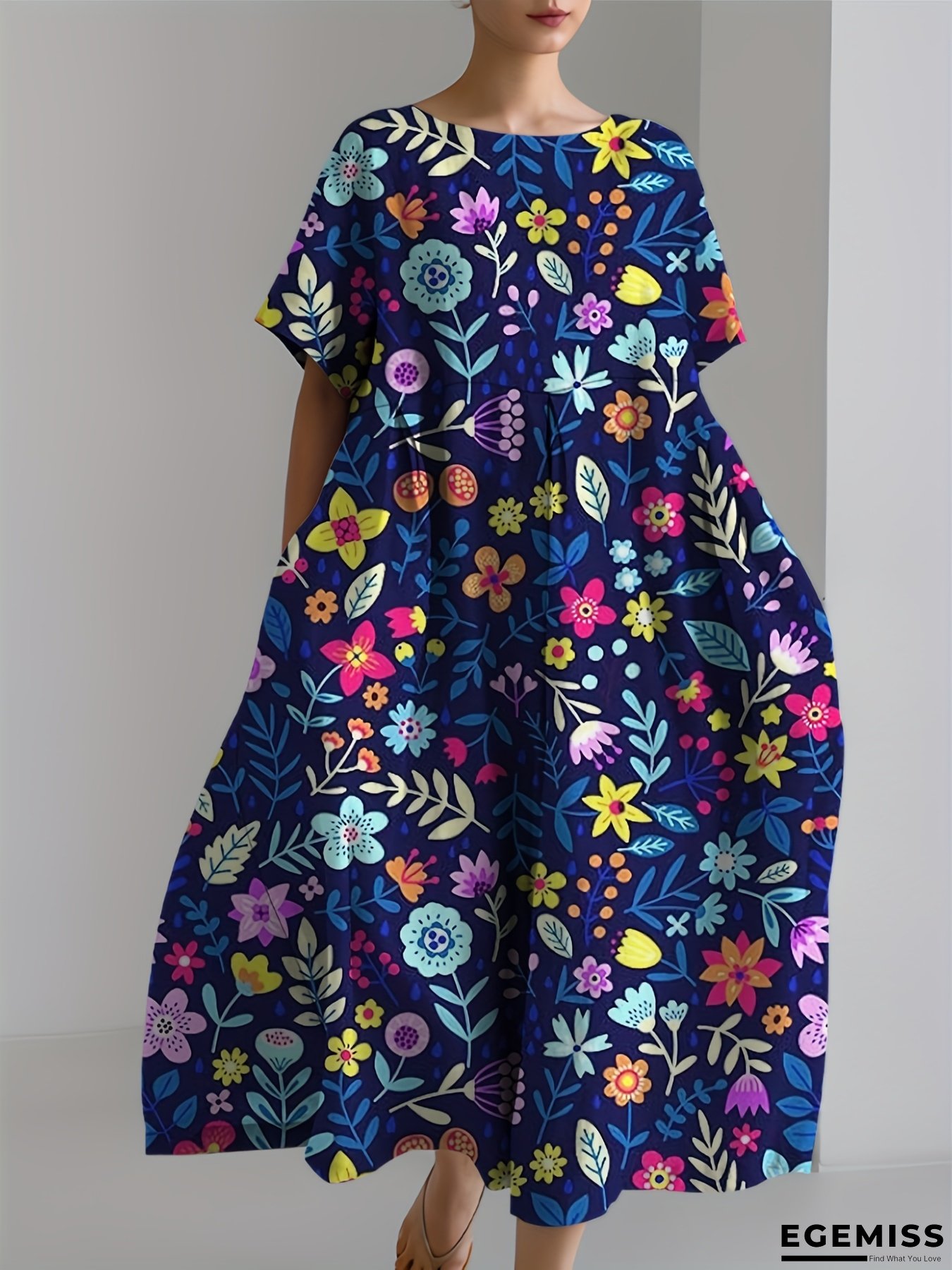 Plus Size, Women's Bohemian Floral Maxi Dress With Side Pockets - Flowy Flared Skirt, Purple Teal Orange Floral Print - Non-Stretchy Fabric For Beach Vacation, Casual Outfits - Machine Washable Everyday Summer Dress, Holiday Wear, Artistic Design | EGEMISS