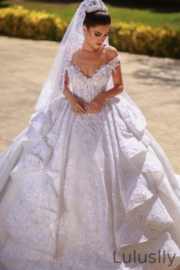 Luluslly Gorgeous Long Ball Gown Off-the-shoulder Wedding Dress With Lace