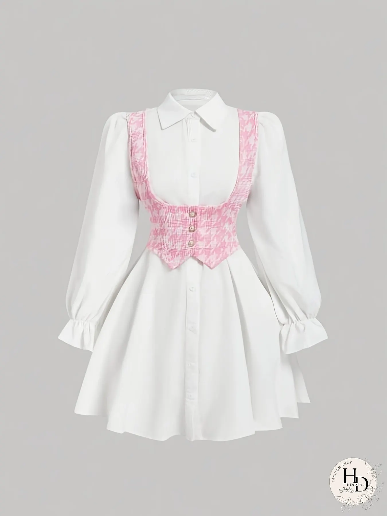 Womens New Arrival Button-Decorated Little Chic Vest Long Sleeve Shirt Two-Piece Dress