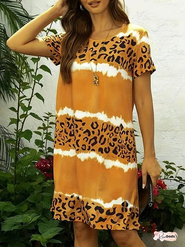Loose Short Sleeves Leopard Round-Neck Midi Dresses