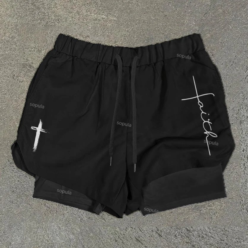 Sopula Faith Cross Print Graphic Double Layer Men's Gym Shorts