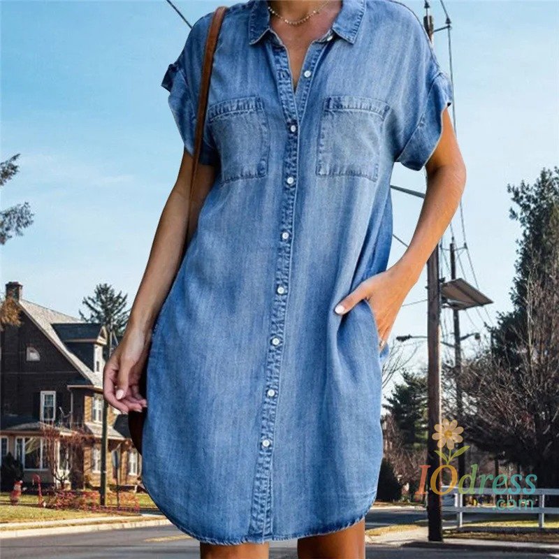 IO Dress Women Denim Shirt Dresses Short Sleeve Distressed Jean Dress Button Down Casual Tunic Top