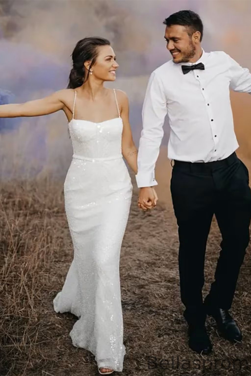 Bellasprom Spaghetti-Straps Sleeveless Mermaid Sequins Wedding Dress Backless Bellasprom