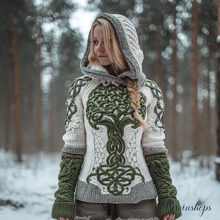 Women's Viking Style Tree Of Life Knot Contrasting Hooded Sweater
