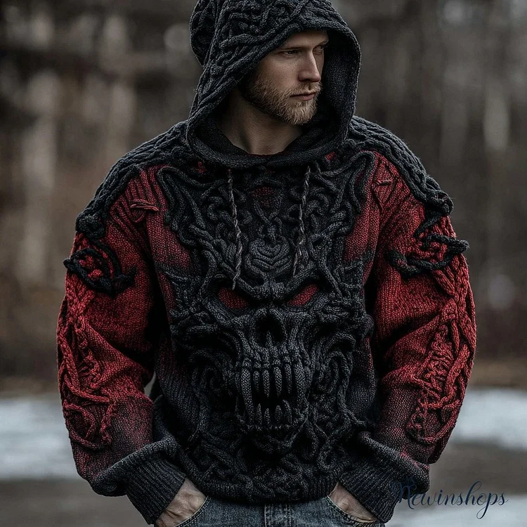 Men's Viking Celtic Dragon Skull Jacquard Gradient Art Knitted Hooded Sweater