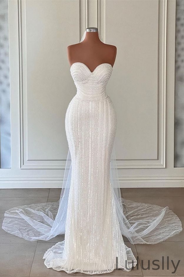 Luluslly White Sweetheart Wedding Dress Mermaid Long With Pearls