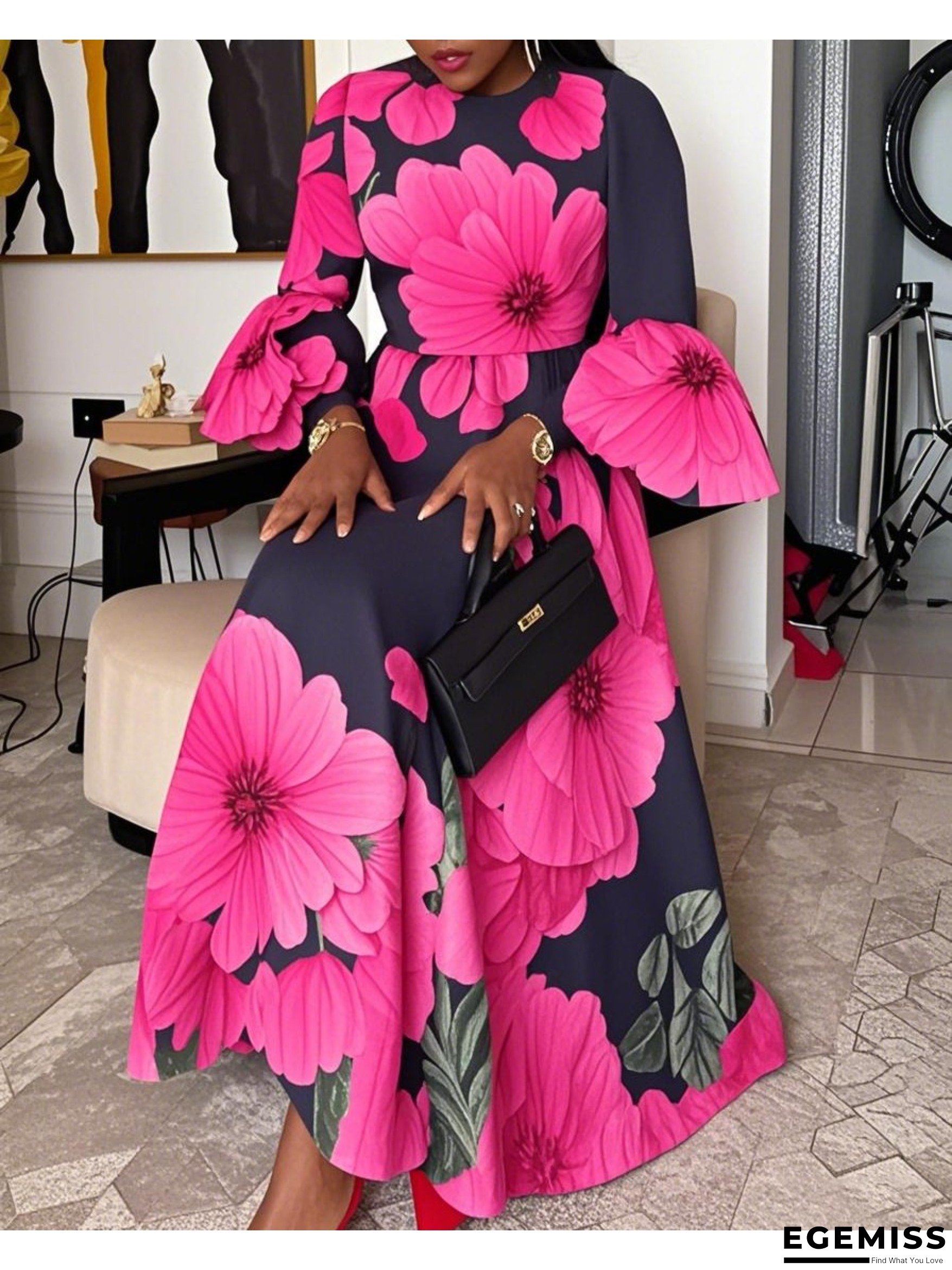 Elegant Floral Maxi Dress For Women - Round Neck, 3/4 Sleeves, Long Length, Dark Blue With Vibrant Pink Flowers, Flowing Design, All-Season Wear, Floral Print Dress | EGEMISS