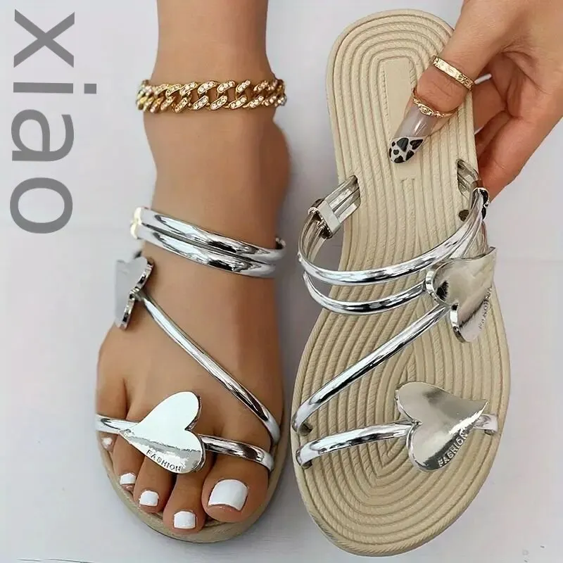 Women's Heart Flat Slide Sandals Woman Slippers Flat Shoes Ladies Fashionable Open Toe Non Slip Shoes Outdoor Beach Slides