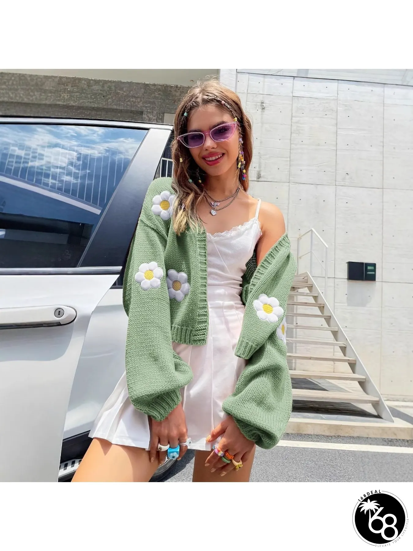 Womens Y2K Olive Green Daisy Jacket Cardigan Short Sweater Coat with White Flower Collar | 168DEAL