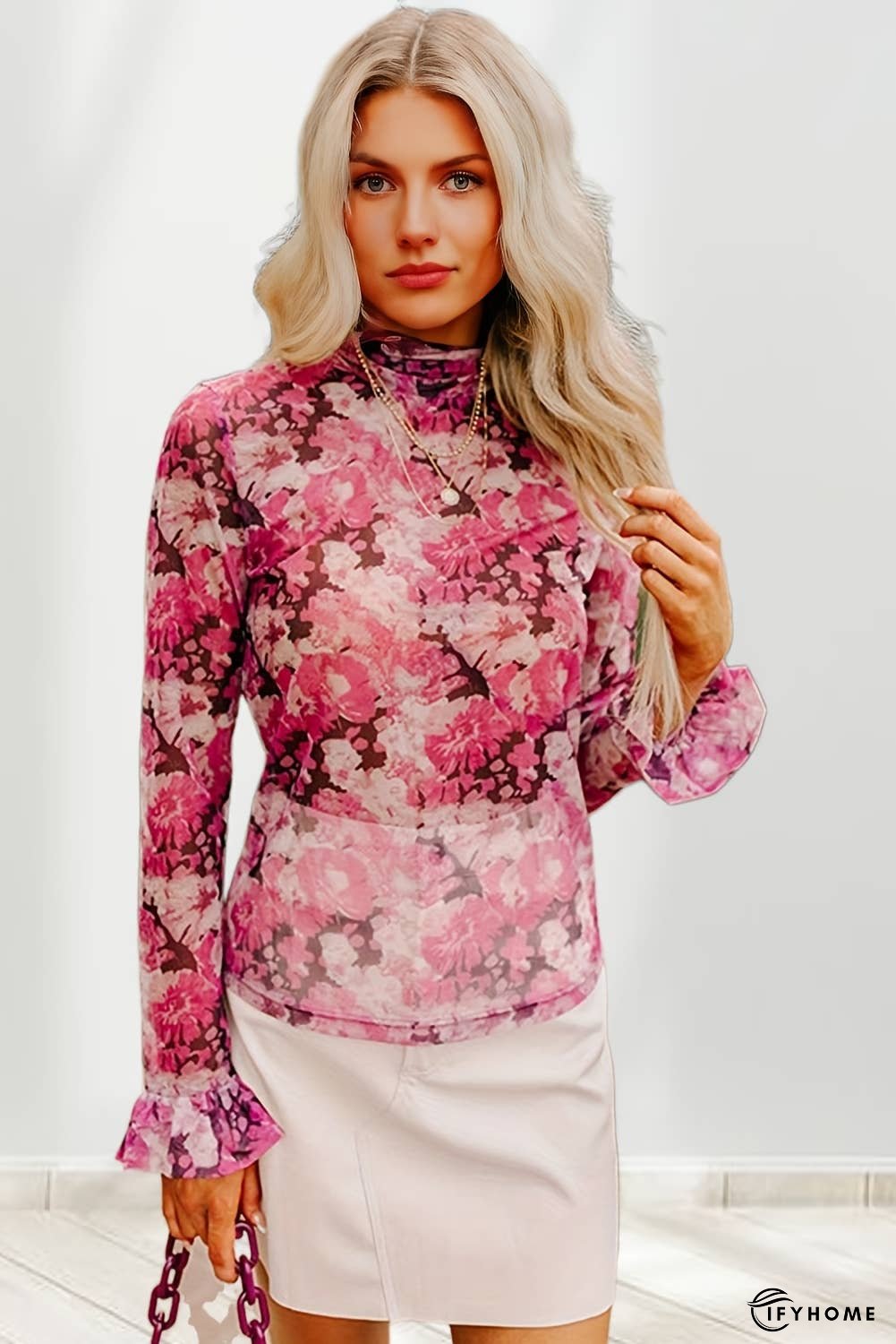 Floral Mesh Flounce Sleeve Mock Neck Blouse | IFYHOME