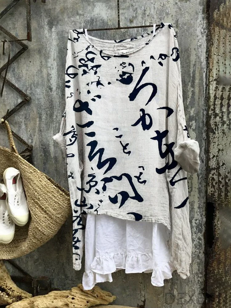 Japanese Word Art Print Linen Blend Tunic