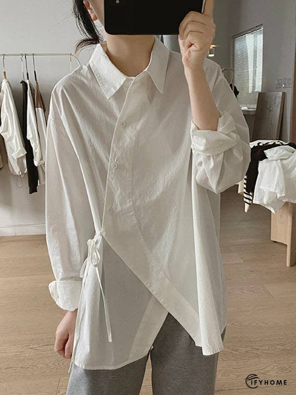 Loose Long Sleeves Frenum Solid Color Lapel Blouses | IFYHOME