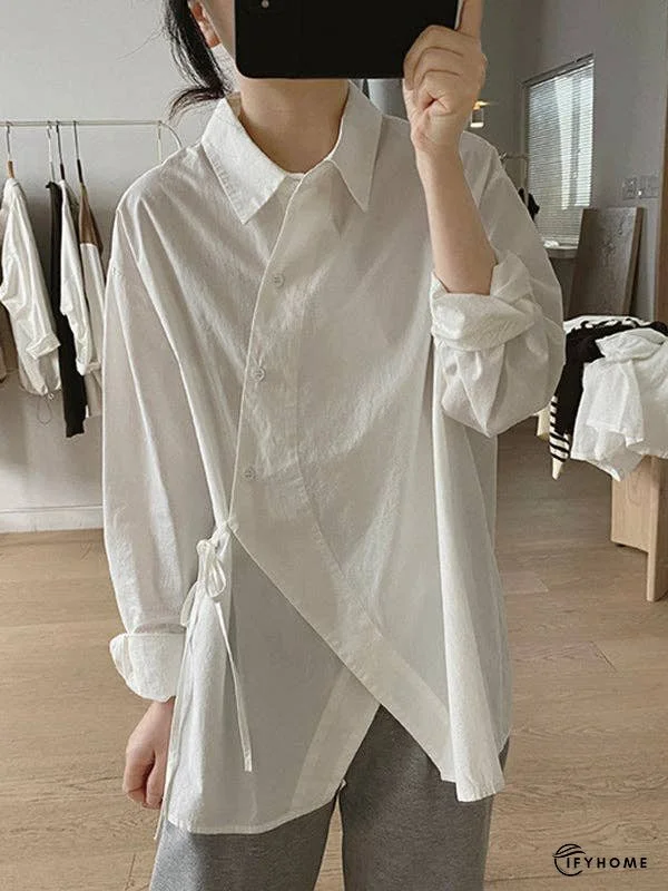 Loose Long Sleeves Frenum Solid Color Lapel Blouses | IFYHOME
