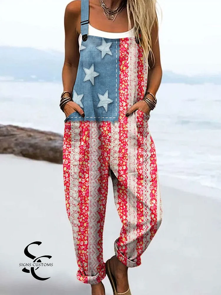 Women's Vintage Independence Day Print Casual 100% Cotton Wide Leg Jumpsuit