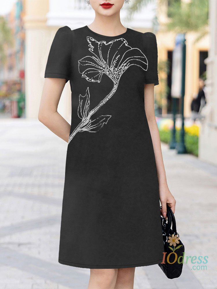 IO Dress Shop Elegant Embroidery Knee-length Dresses Womens Casual O-Neck Short Puff Sleeve A-line Robes Femme Commute Work Vestidos IO Dress