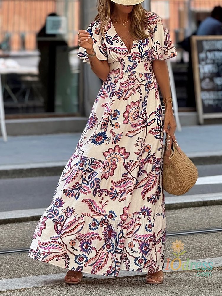 IO Dress Summer Women's Short sleeved Casual Style Polyester Material 2025 New Fashion V-neck Waist Printed Ruffle Edge Dress IO Dress