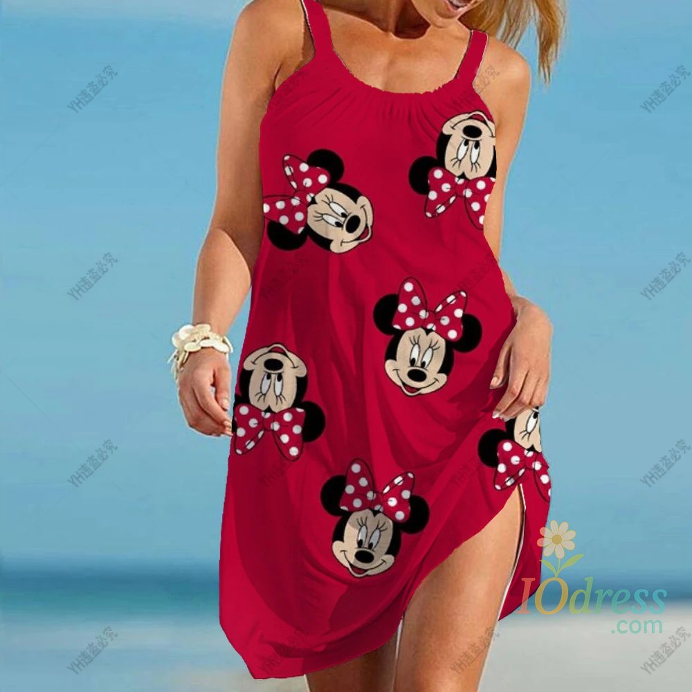 IO Dress Disney Minnie Mickey Women Fashion Sleeveless Boho Beach Dresses Lady O-Neck Party Dress Women Vintage Print Loose A-Line Dress