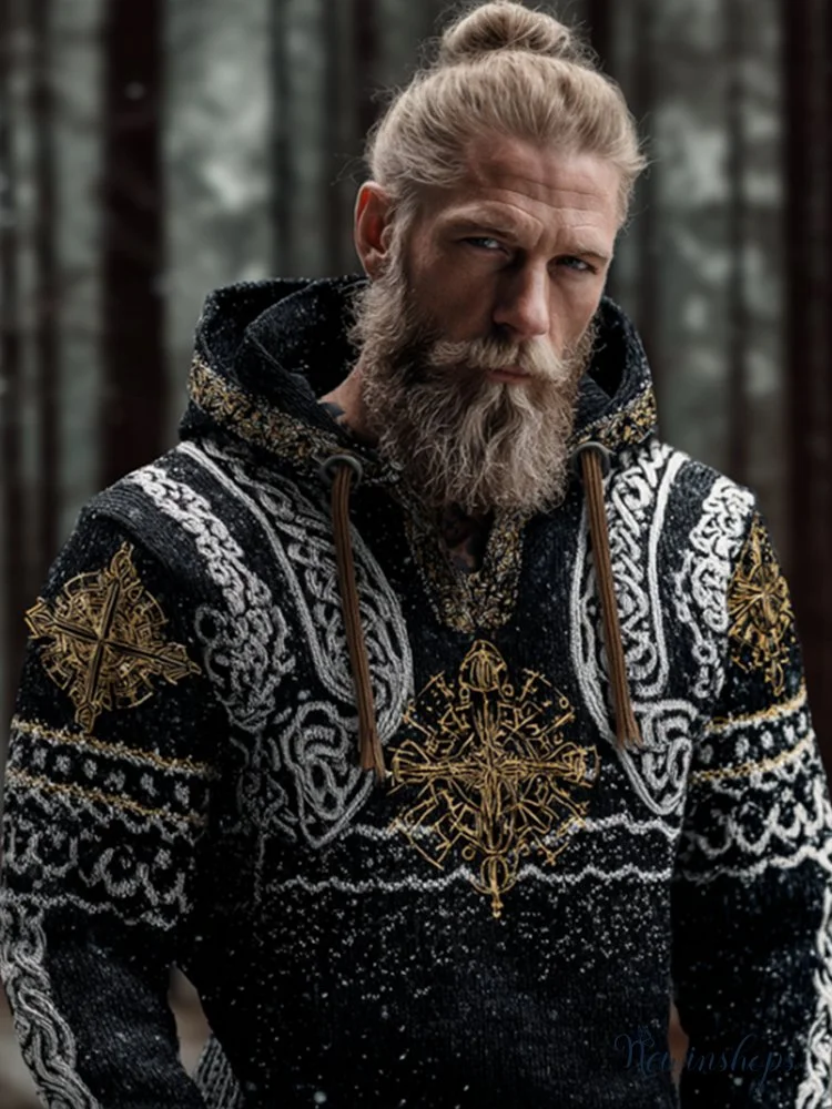 Men's Viking Style Gold Viking Compass Thick Needle Hooded Sweater