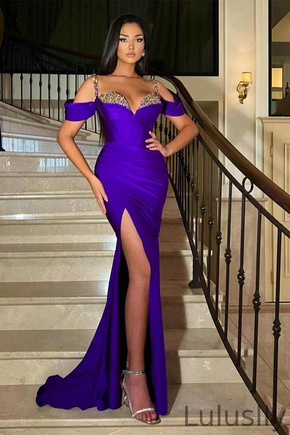 Luluslly Purple Sweetheart Off-the-Shoulder Mermaid Prom Dresses With Split Crystals