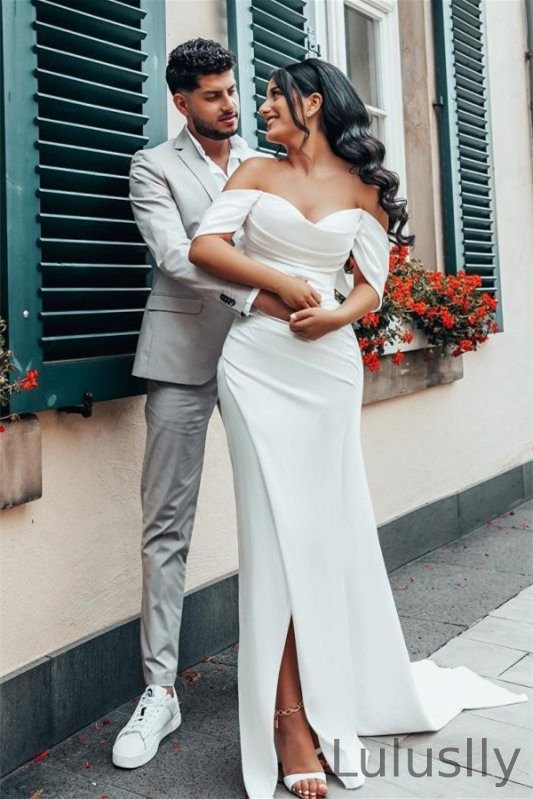 Luluslly Off-the-Shoulder Satin Wedding Dress With Split