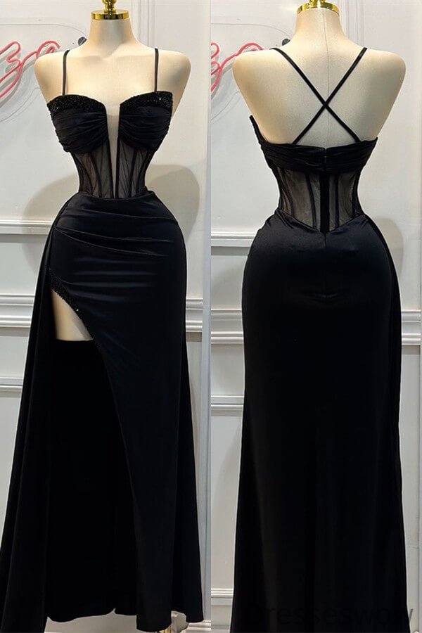 Dresseswow Black Spaghetti-Straps Sleeveless Mermaid Ball Dress With Split Ruffles