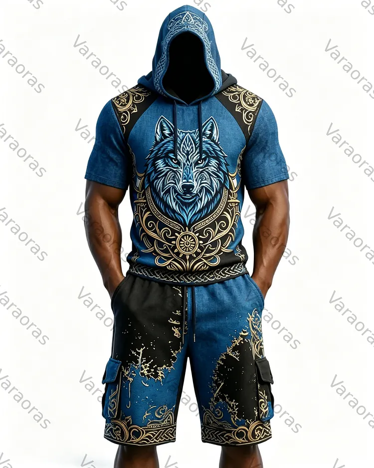 Men's Fashion Viking Contrast Color Wolf Embroidered Hoodie & Pants Two-Piece Set 2222