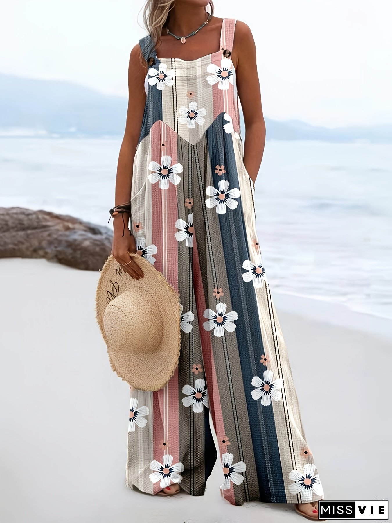 Jumpsuits for Women Overalls Women - Floral Print Striped Wide-Leg Jumpsuit with Adjustable Straps, Square Neck, Micro Elasticity - Perfect for Spring/Summer/Fall, Casual Vacation Style