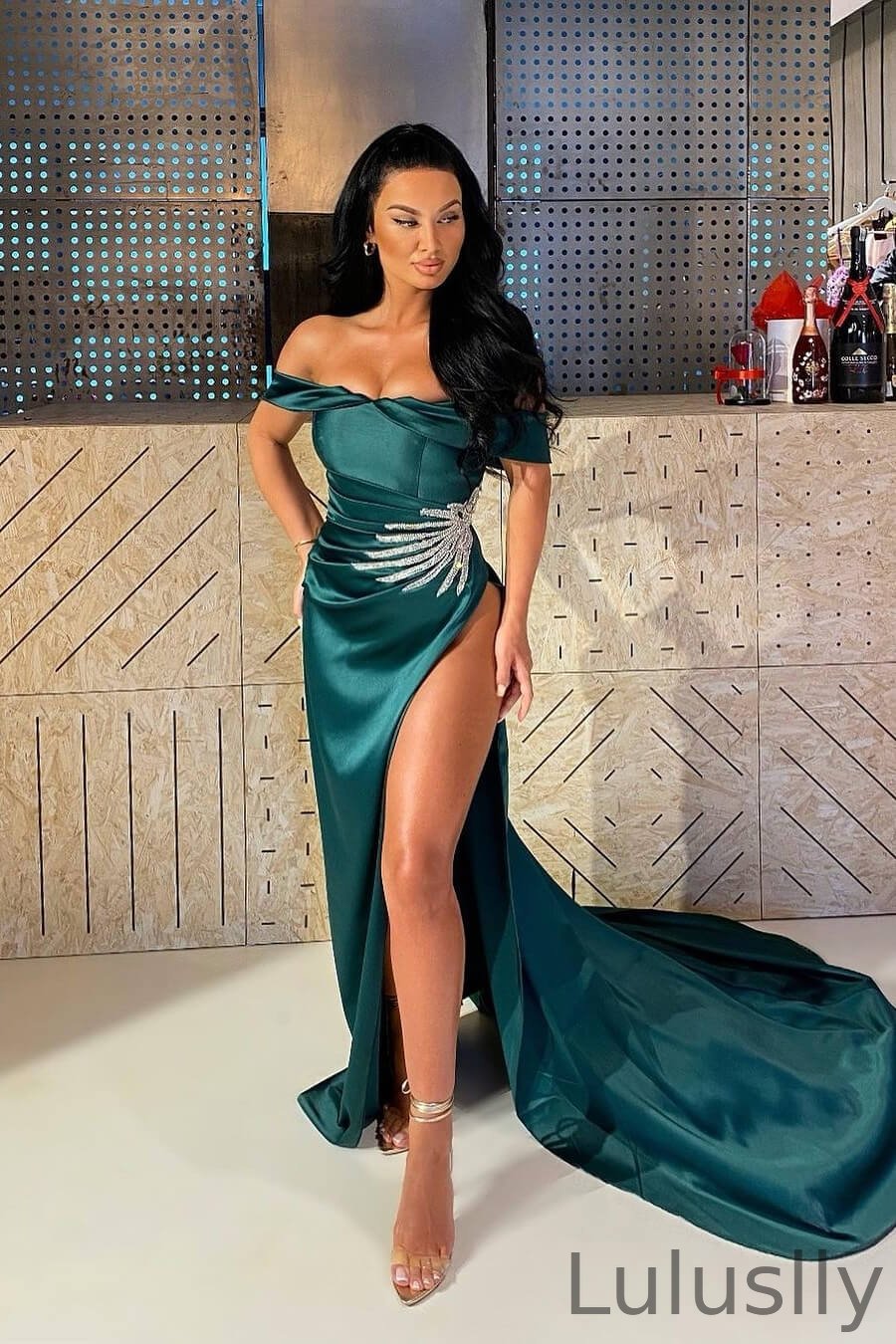 Luluslly Dark Green Off-the-Shoulder Sleeveless Mermaid Evening Dress With High Split Beadings