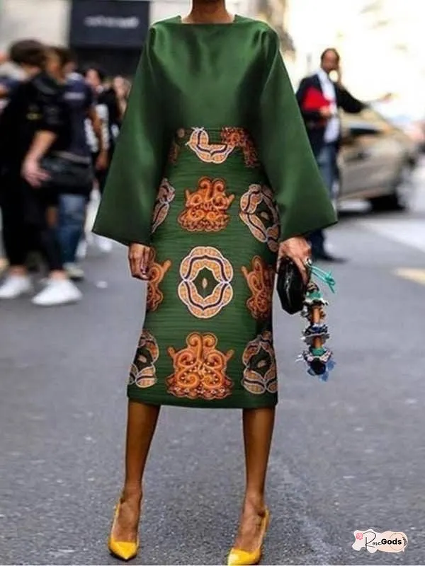 Long Sleeves Printed Round-Neck Midi Dresses