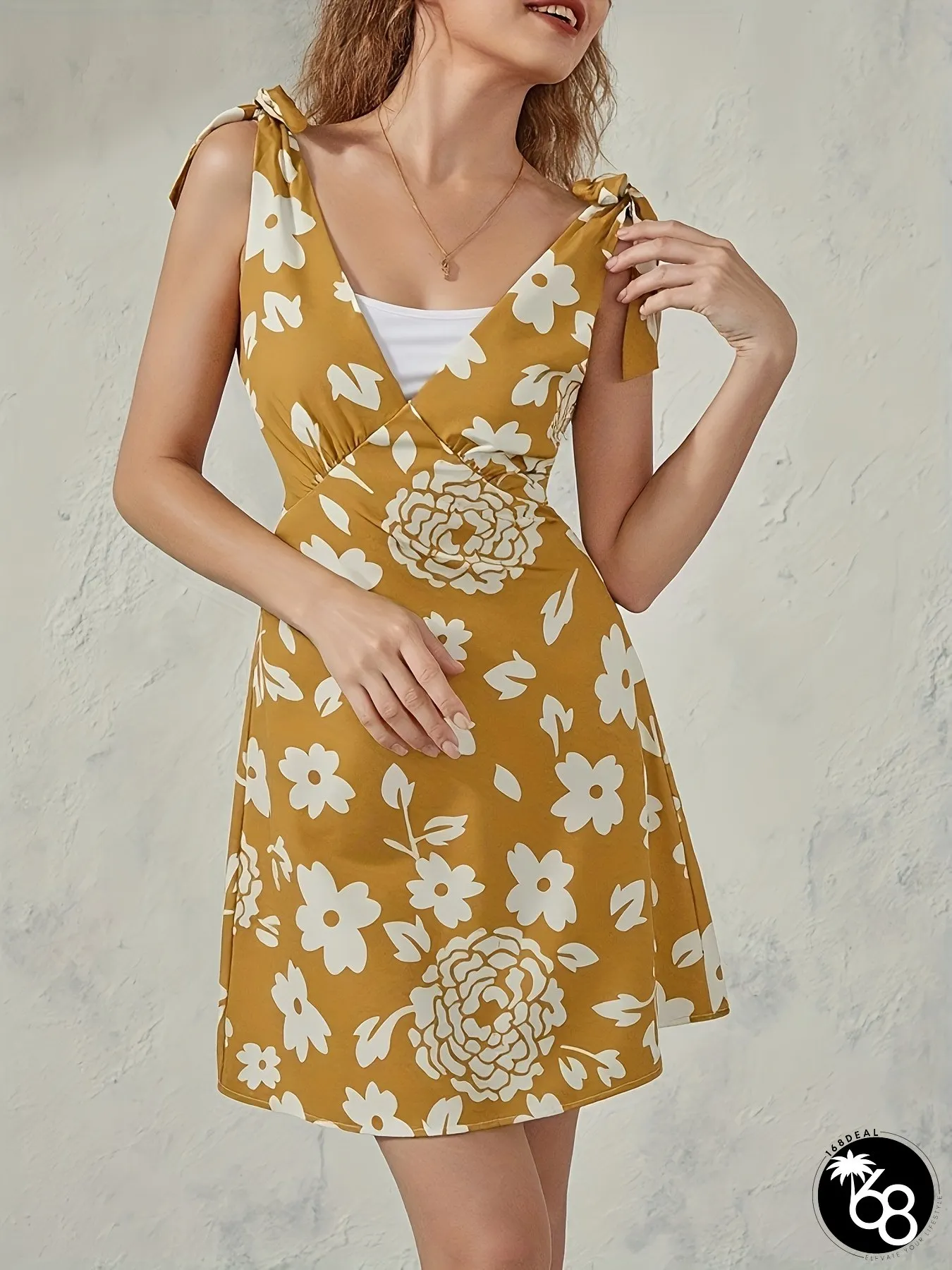 Womens mustard-yellow floral print french vintage dress elegant a-line party wedding | 168DEAL