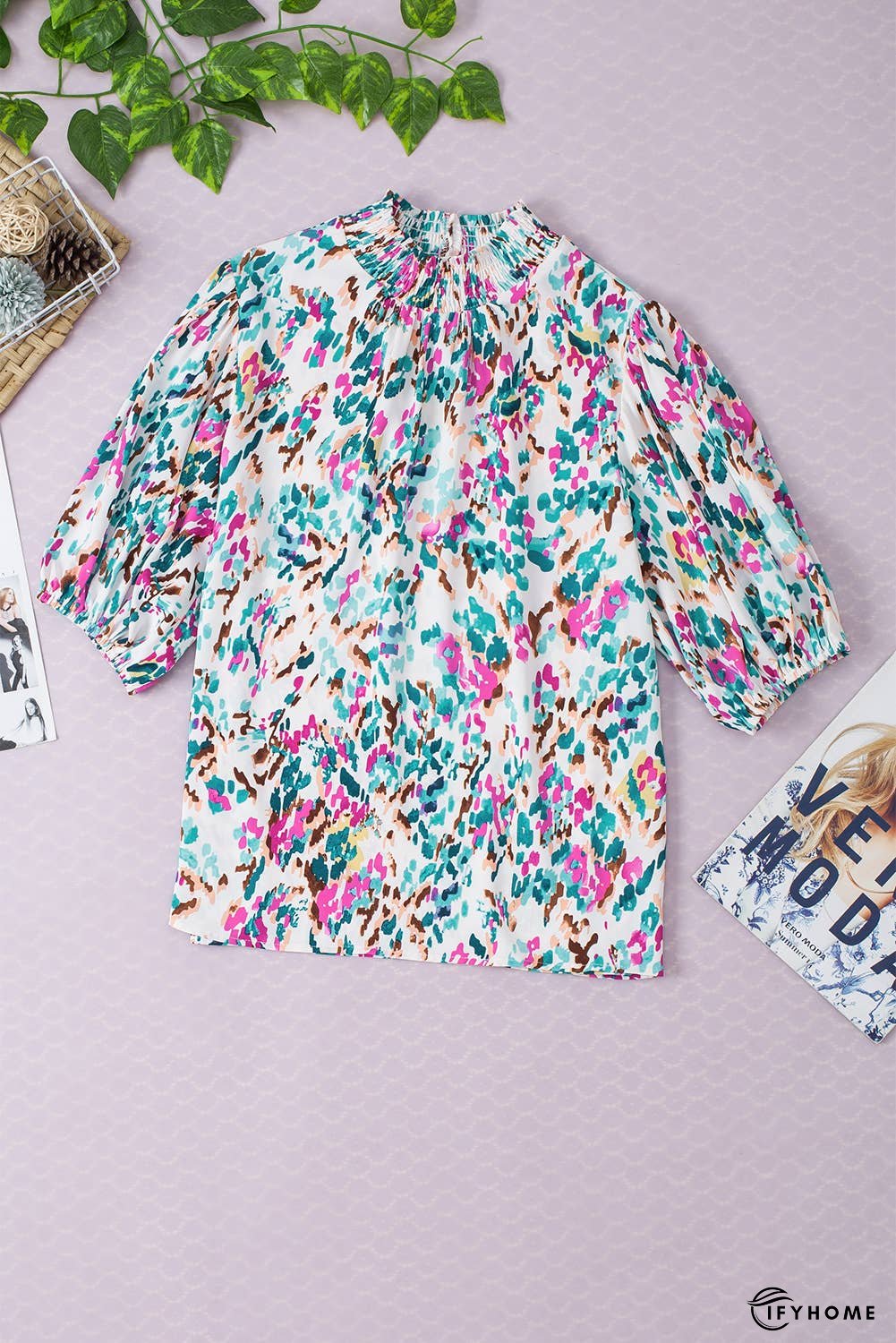 Abstract Print Puff Sleeve Mock Neck Blouse | IFYHOME