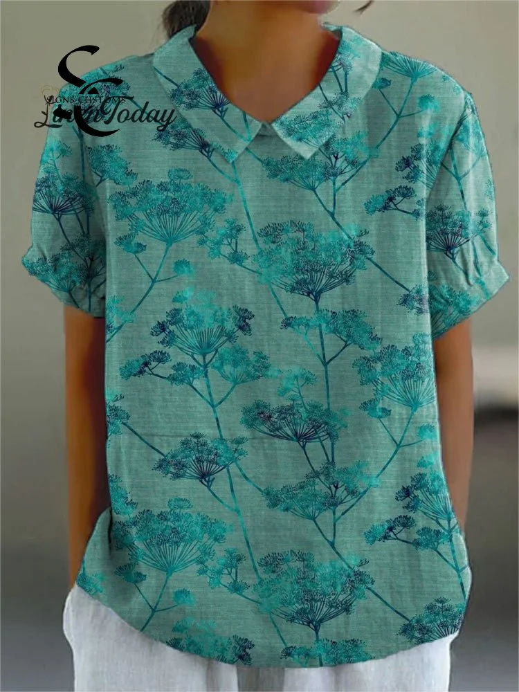 Women's Vintage Flower Art Print Casual Cotton And Linen Shirt