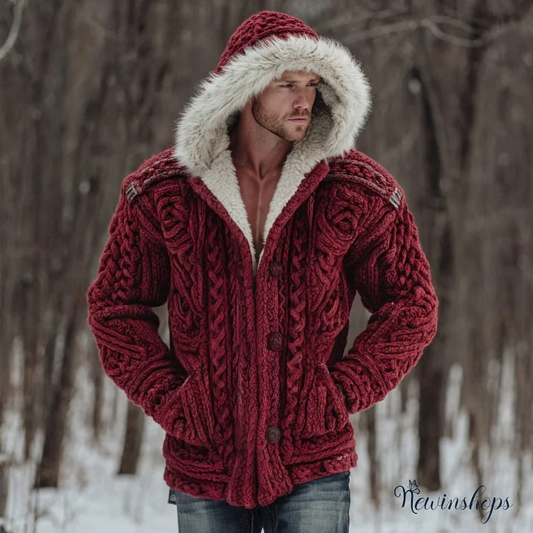 Men's Vintage Men's Christmas Santa Celtic Art Knit Hooded Sweater