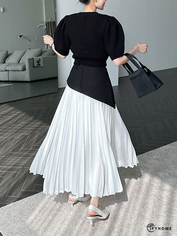 A-Line Loose Contrast Color Pleated Split-Joint Skirts Bottoms | IFYHOME