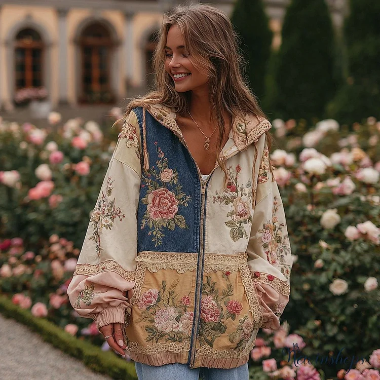 Women's Vintage Floral Patchwork Cozy Warm Hooded Jacket