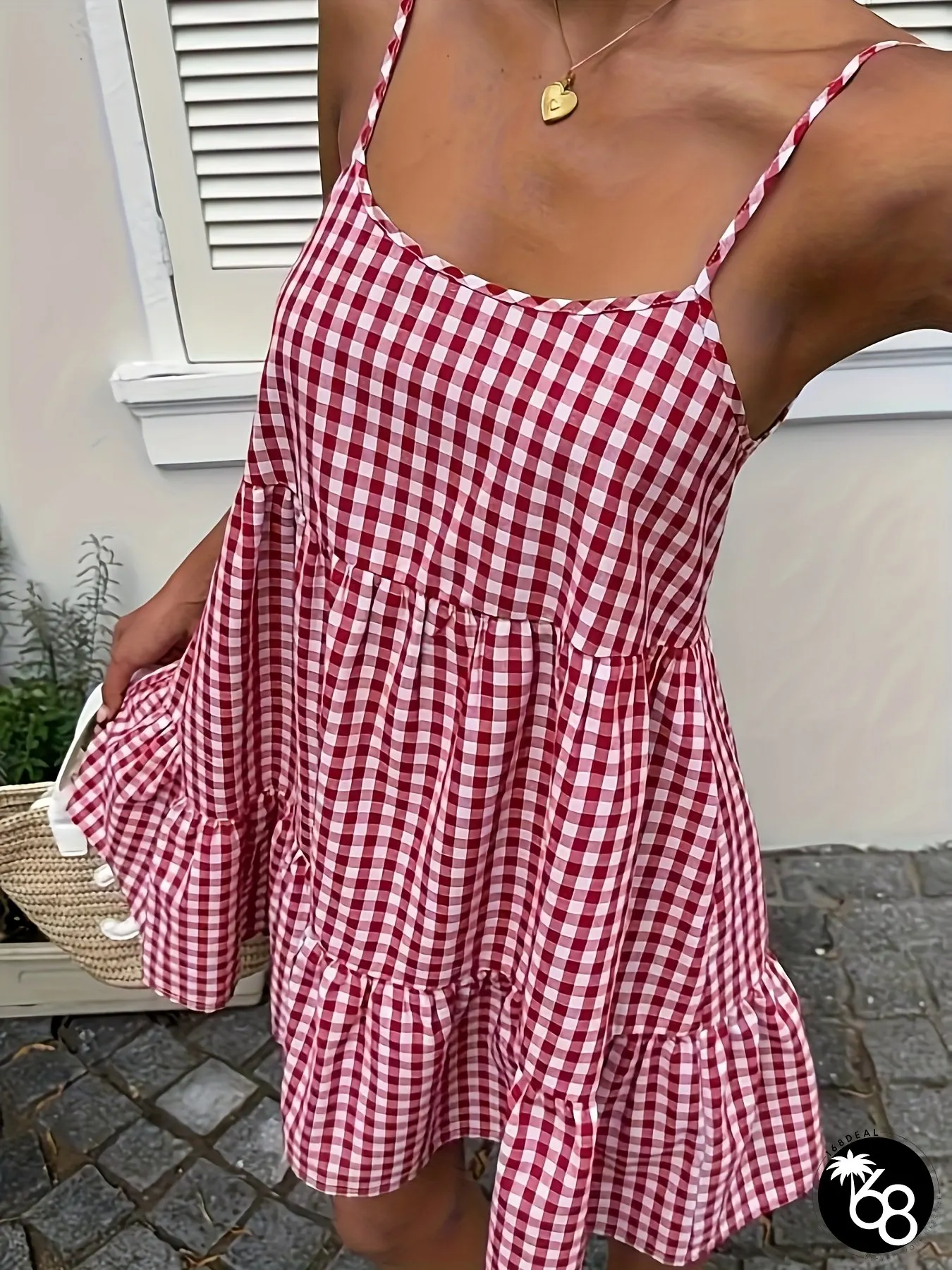 Womens Sleeveless Off-Shoulder Gingham Dress Casual Ruffle Tiered Skirt Lightweight | 168DEAL