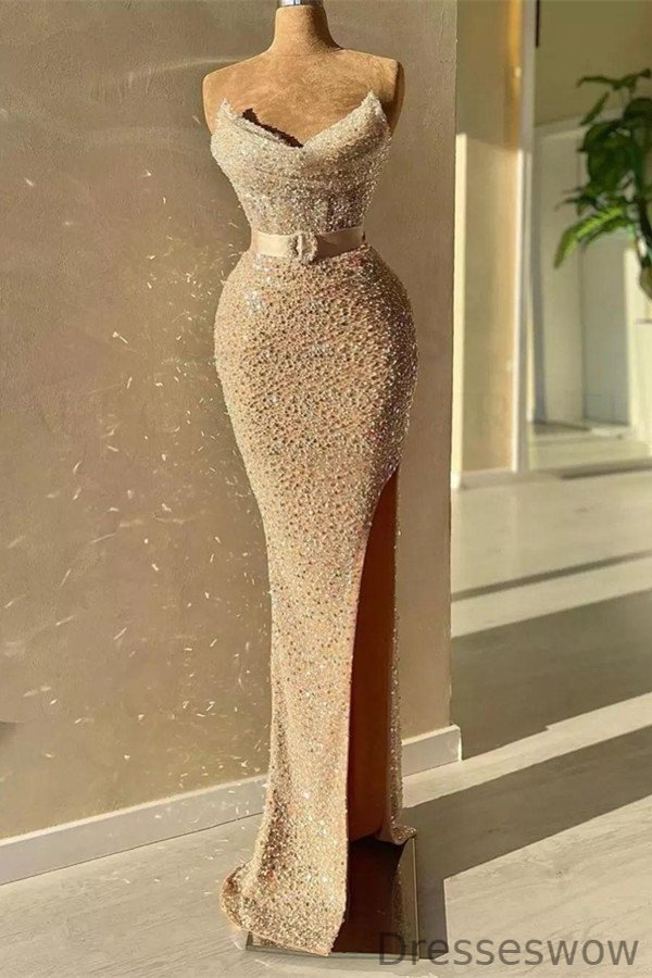 Dresseswow Sweetheart Mermaid Sequins Evening Dress Long Strapless With Beads