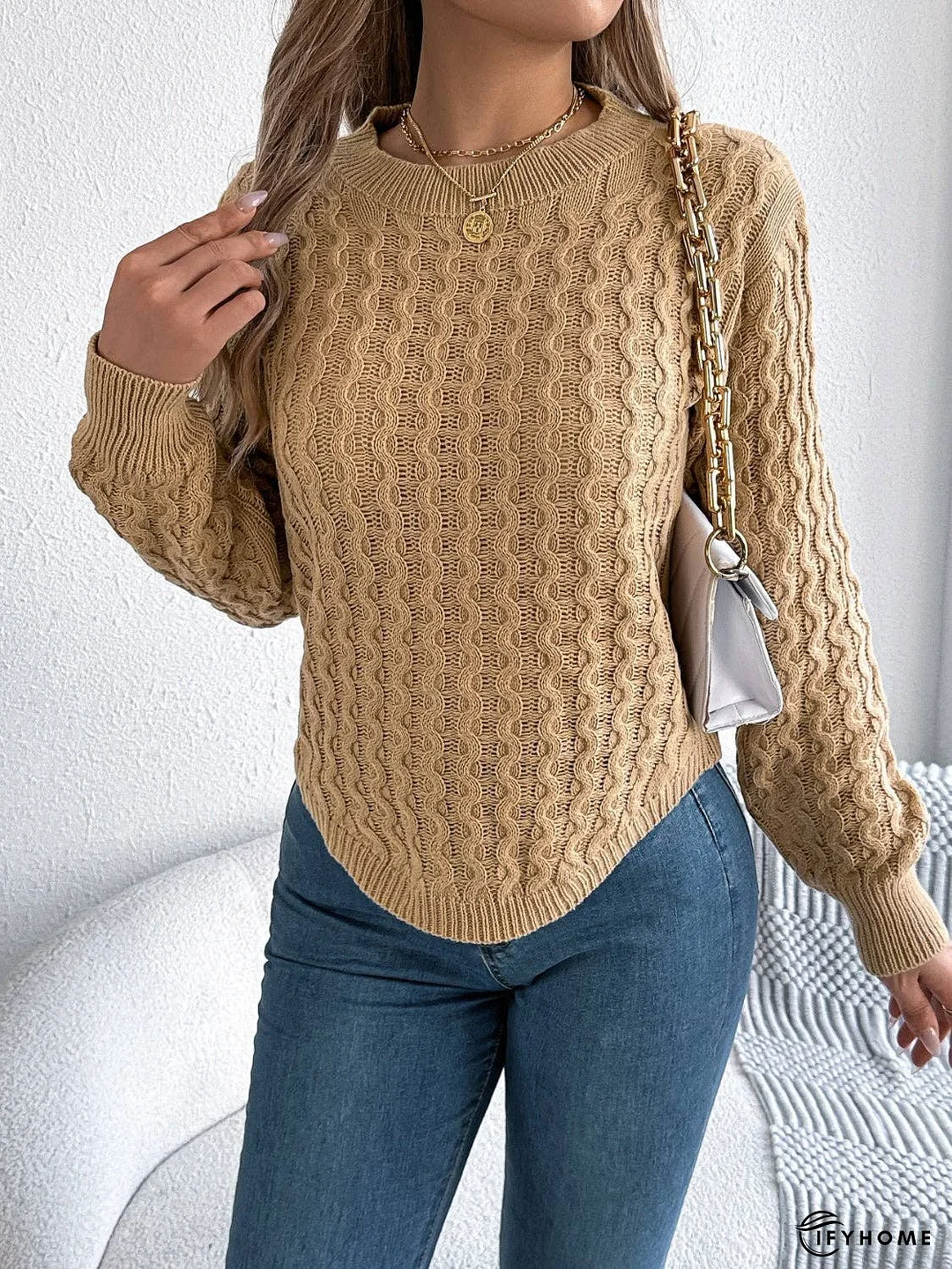 Asymmetric Hem Round Neck Long Sleeve Sweater | IFYHOME