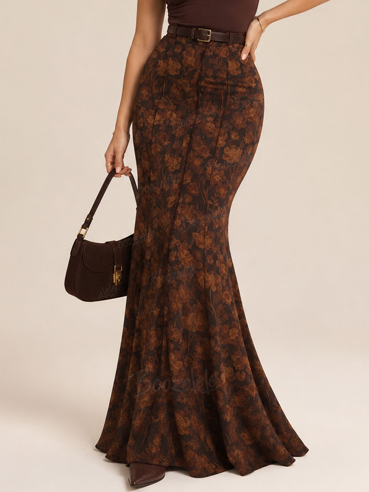 Perfect for Country Music Festivals &mdash; 2026 S/W, Women&rsquo;s, Deep Brown, Vintage Jacquard Design, High-Waisted Fitted Mermaid Maxi Skirt