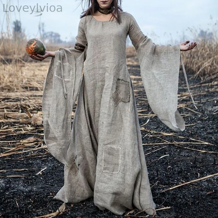 Retro Cotton Linen Round Neck Long Sleeve Maxi Dress