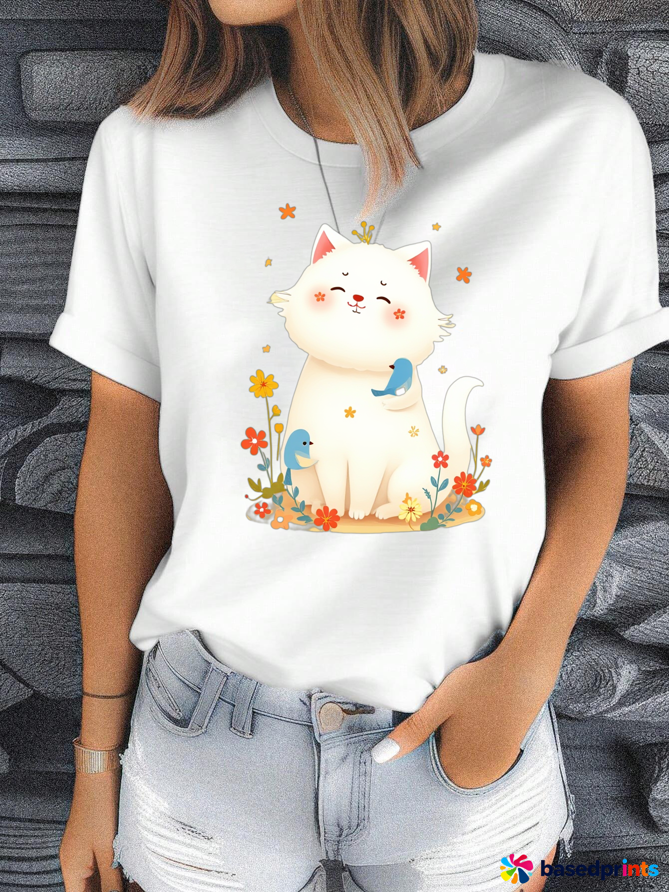 Cute Cat and Birds T-Shirt Women Summer Casual Short Sleeve Tops