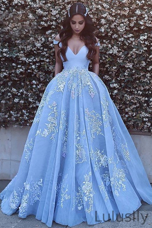 Luluslly Off-the-Shoulder Baby Blue Evening Dress With Lace Appliques