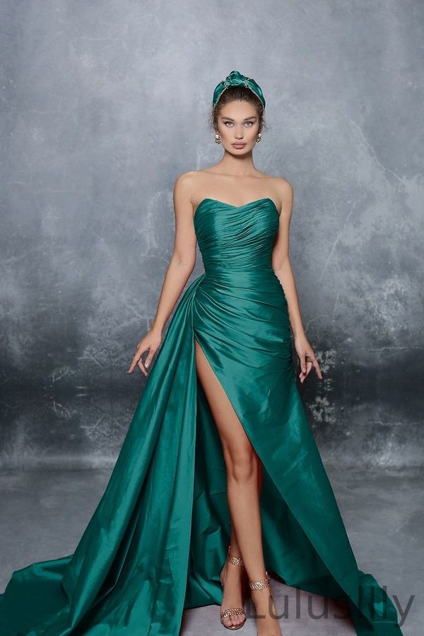Modern Strapless Sleeveless Mermaid Evening Party Gowns Split Long WIth Ruffles Pleats - lulusllly