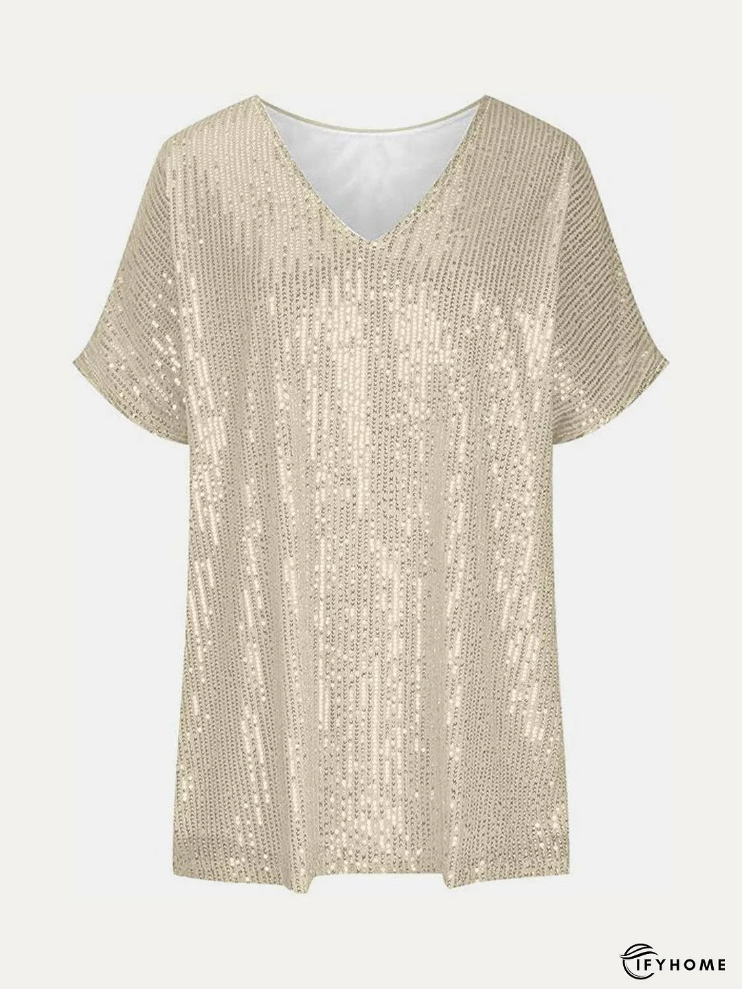 Full Size Sequin V-Neck Short Sleeve Top | IFYHOME
